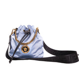 NEW $1,100 VERSACE Blue Nylon Drawstring GOLD MEDUSA LOGO Dahlia GRECA STRAP BAG