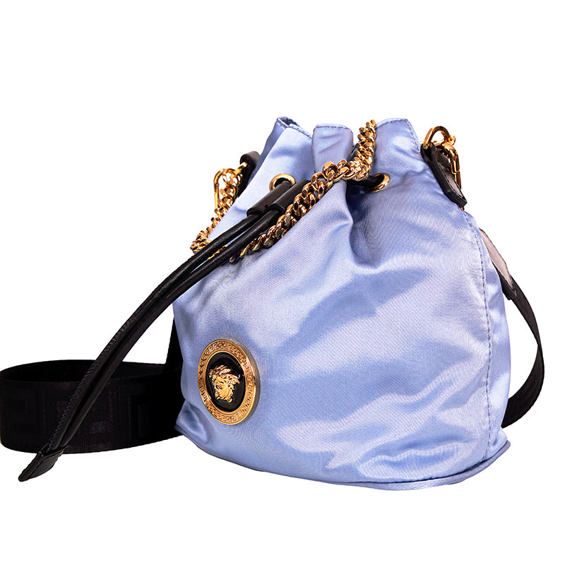 NEW $1,100 VERSACE Blue Nylon Drawstring GOLD MEDUSA LOGO Dahlia GRECA STRAP BAG