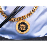 NEW $1,100 VERSACE Blue Nylon Drawstring GOLD MEDUSA LOGO Dahlia GRECA STRAP BAG