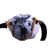 NEW $1,100 VERSACE Blue Nylon Drawstring GOLD MEDUSA LOGO Dahlia GRECA STRAP BAG