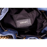 NEW $1,100 VERSACE Blue Nylon Drawstring GOLD MEDUSA LOGO Dahlia GRECA STRAP BAG