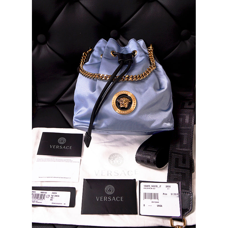 NEW $1,100 VERSACE Blue Nylon Drawstring GOLD MEDUSA LOGO Dahlia GRECA STRAP BAG