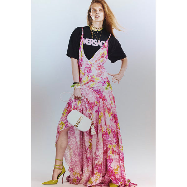 38 NEW $10,995 VERSACE Runway Archival PINK ORCHID LOGO PRINT Chiffon DRESS GOWN