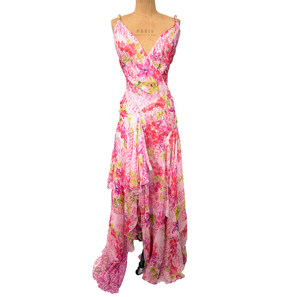 38 NEW $10,995 VERSACE Runway Archival PINK ORCHID LOGO PRINT Chiffon DRESS GOWN