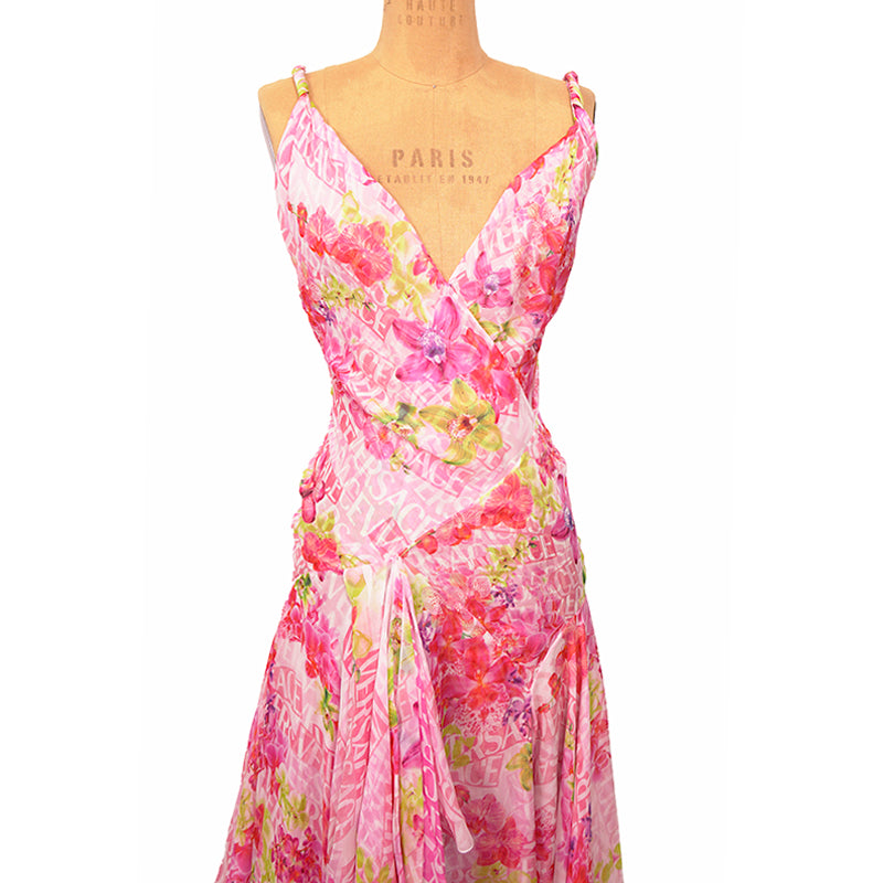 38 NEW $10,995 VERSACE Runway Archival PINK ORCHID LOGO PRINT Chiffon DRESS GOWN