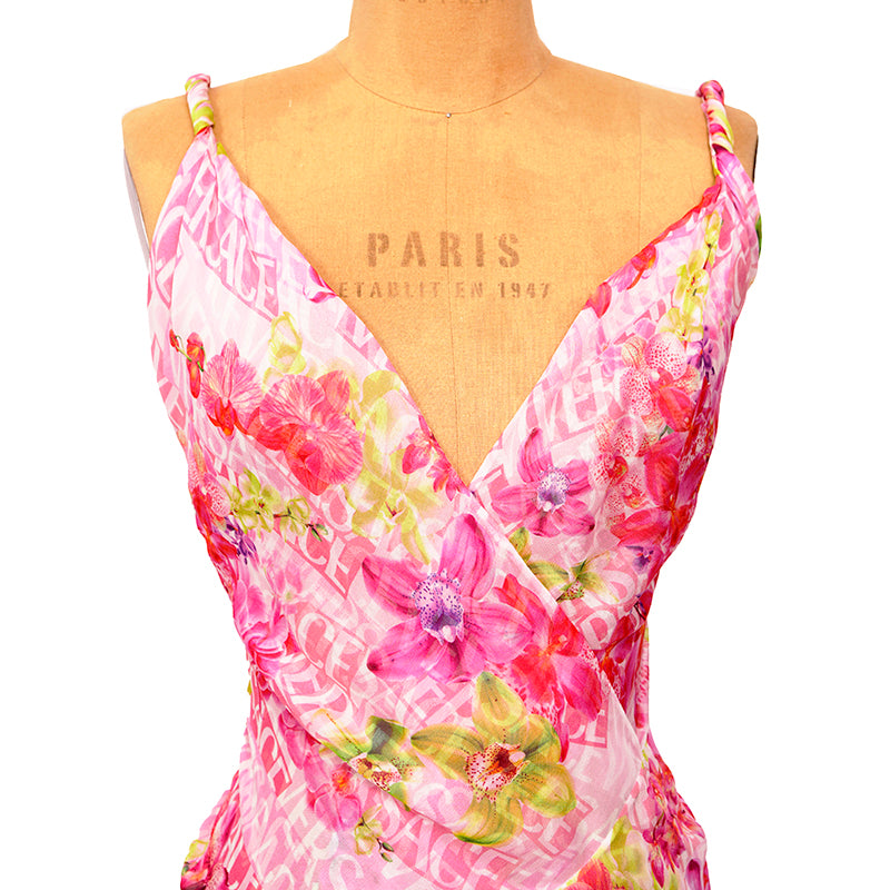 38 NEW $10,995 VERSACE Runway Archival PINK ORCHID LOGO PRINT Chiffon DRESS GOWN