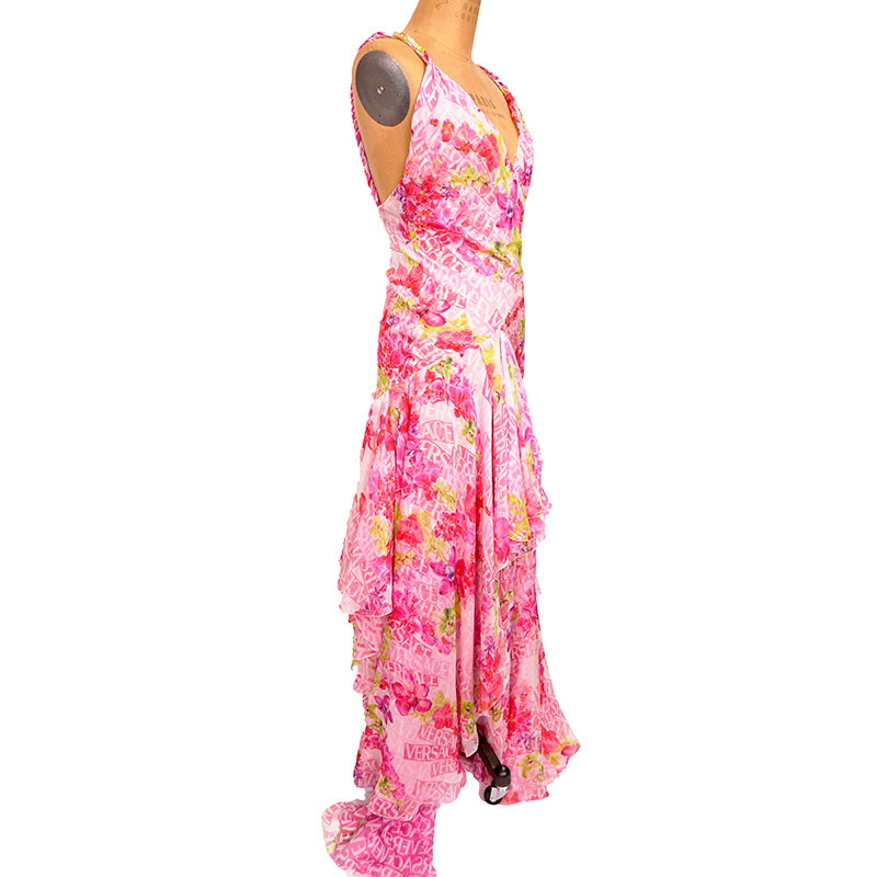 38 NEW $10,995 VERSACE Runway Archival PINK ORCHID LOGO PRINT Chiffon DRESS GOWN