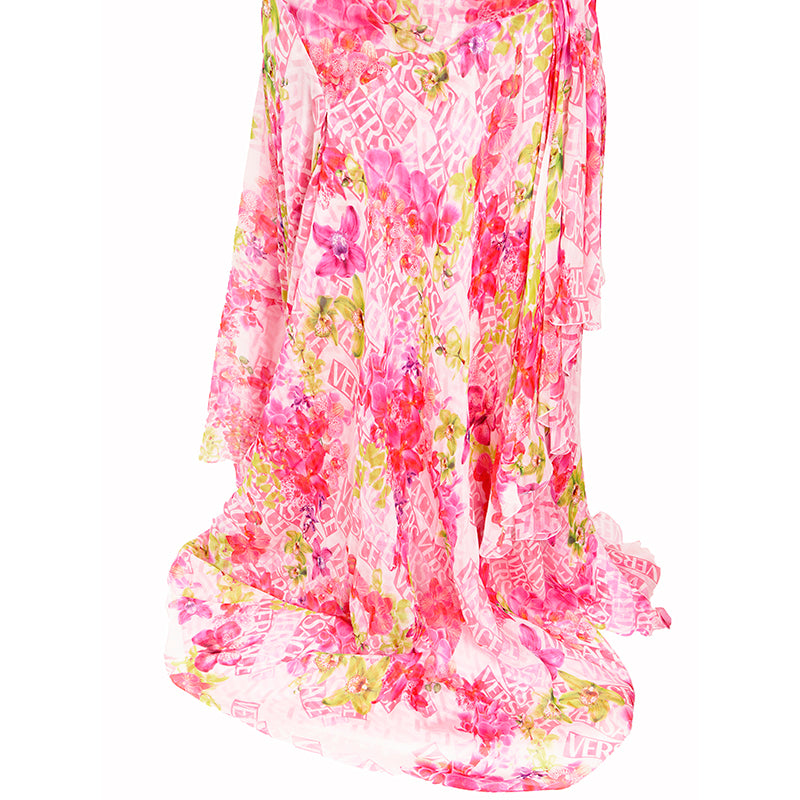 38 NEW $10,995 VERSACE Runway Archival PINK ORCHID LOGO PRINT Chiffon DRESS GOWN