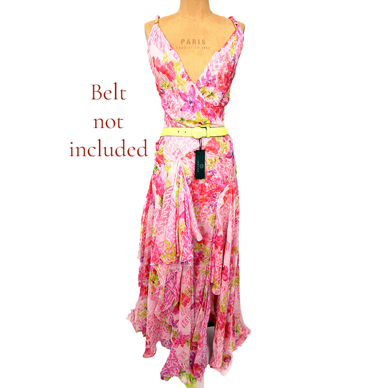 38 NEW $10,995 VERSACE Runway Archival PINK ORCHID LOGO PRINT Chiffon DRESS GOWN