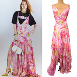 38 NEW $10,995 VERSACE Runway Archival PINK ORCHID LOGO PRINT Chiffon DRESS GOWN