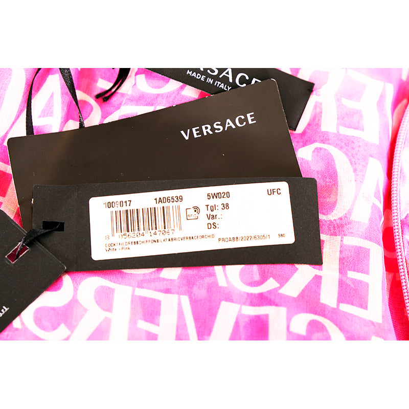 38 NEW $10,995 VERSACE Runway Archival PINK ORCHID LOGO PRINT Chiffon DRESS GOWN