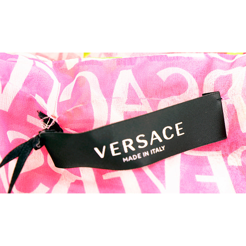 38 NEW $10,995 VERSACE Runway Archival PINK ORCHID LOGO PRINT Chiffon DRESS GOWN