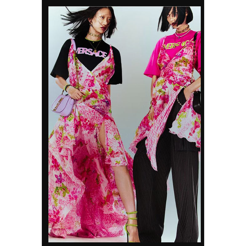 38 NEW $10,995 VERSACE Runway Archival PINK ORCHID LOGO PRINT Chiffon DRESS GOWN