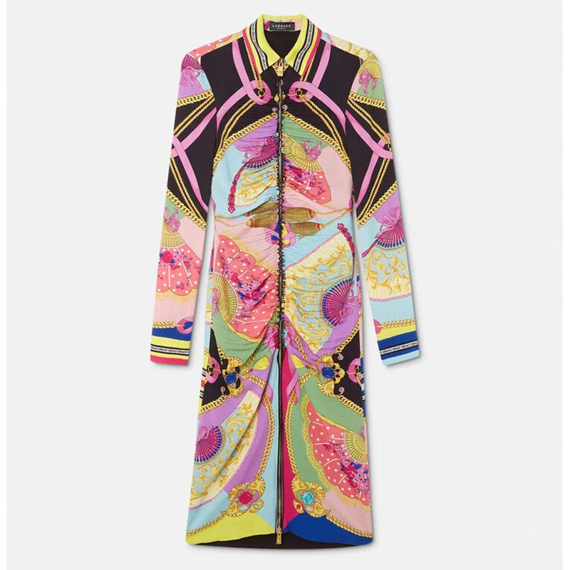 38 NEW $3,095 VERSACE Ventagli FAN LOGO PRINT Zip Front SILK JERSEY Shirt DRESS