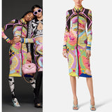 38 NEW $3,095 VERSACE Ventagli FAN LOGO PRINT Zip Front SILK JERSEY Shirt DRESS