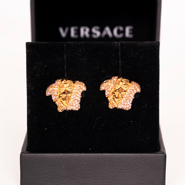 NEW $445 VERSACE GoldTone Brass Palazzo MEDUSA HEAD Crystal Embellished EARRINGS