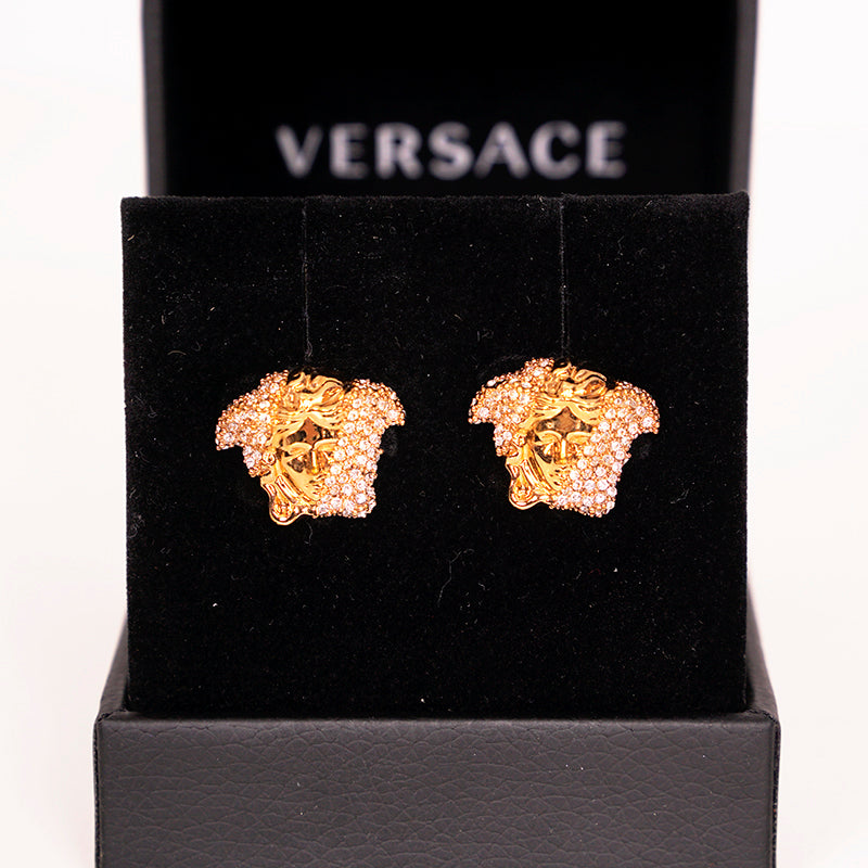 NEW $445 VERSACE GoldTone Brass Palazzo MEDUSA HEAD Crystal Embellished EARRINGS