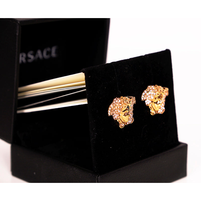 NEW $445 VERSACE GoldTone Brass Palazzo MEDUSA HEAD Crystal Embellished EARRINGS