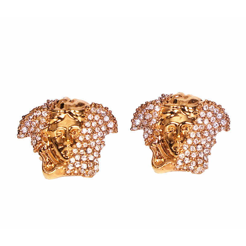 NEW $445 VERSACE GoldTone Brass Palazzo MEDUSA HEAD Crystal Embellished EARRINGS