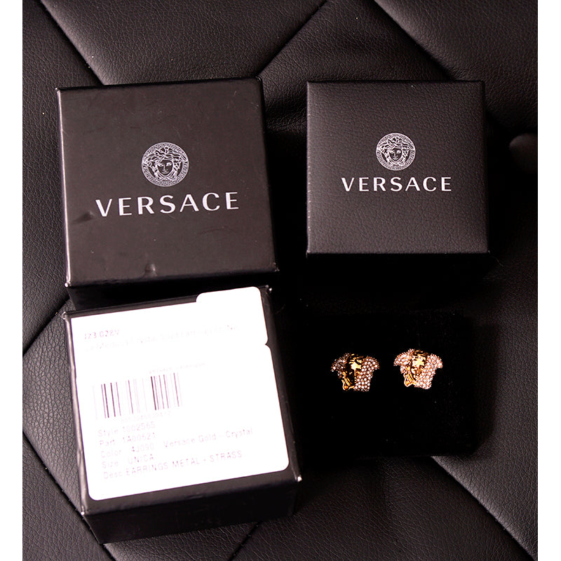 NEW $445 VERSACE GoldTone Brass Palazzo MEDUSA HEAD Crystal Embellished EARRINGS