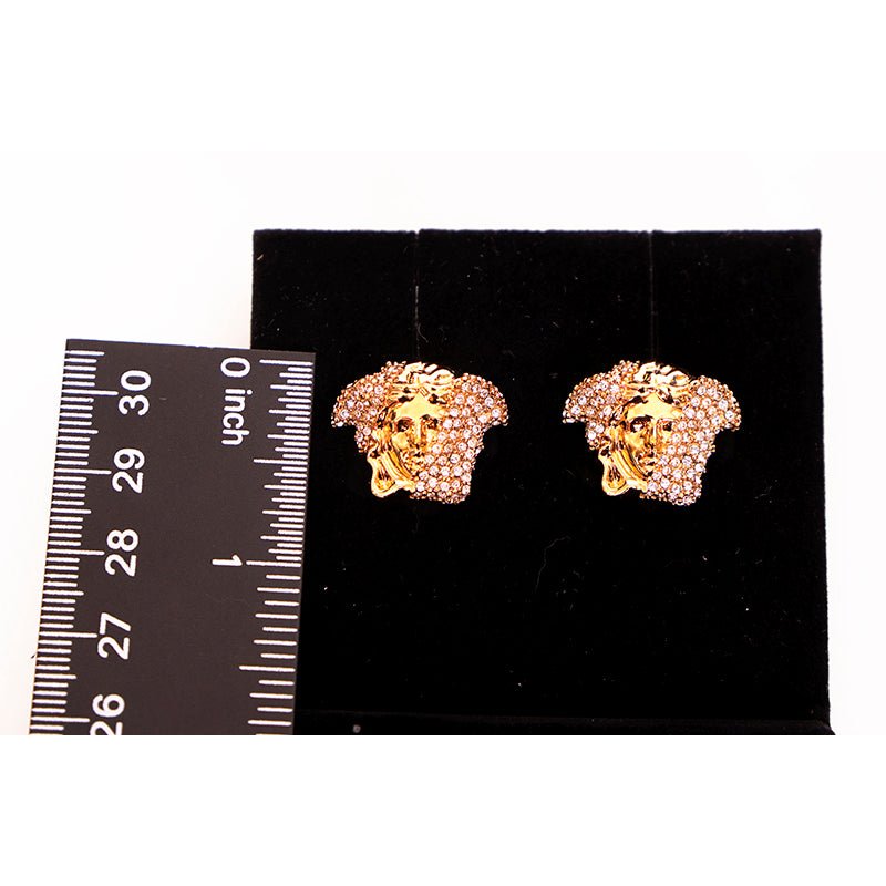 NEW $445 VERSACE GoldTone Brass Palazzo MEDUSA HEAD Crystal Embellished EARRINGS