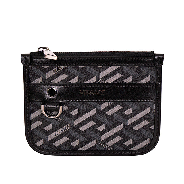 NEW $295 VERSACE Black Gray Coated Canvas LA GRECA Coin MODULAR POUCH Travel BAG