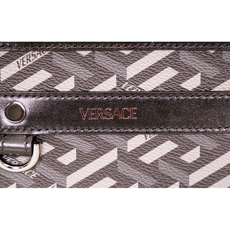 NEW $295 VERSACE Black Gray Coated Canvas LA GRECA Coin MODULAR POUCH Travel BAG