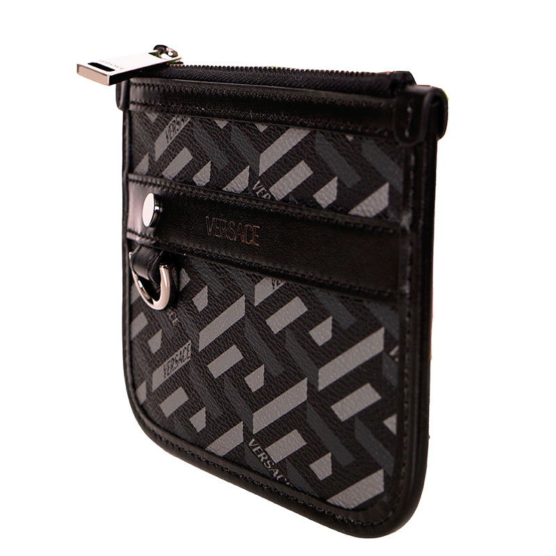 NEW $295 VERSACE Black Gray Coated Canvas LA GRECA Coin MODULAR POUCH Travel BAG