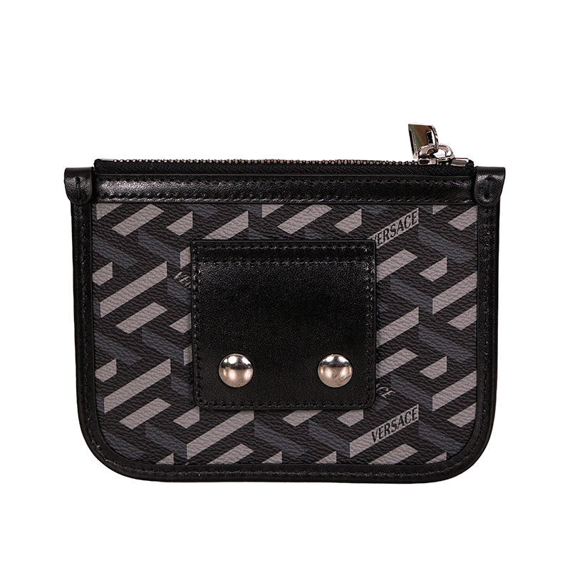 NEW $295 VERSACE Black Gray Coated Canvas LA GRECA Coin MODULAR POUCH Travel BAG