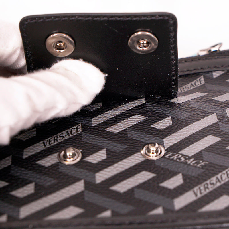 NEW $295 VERSACE Black Gray Coated Canvas LA GRECA Coin MODULAR POUCH Travel BAG