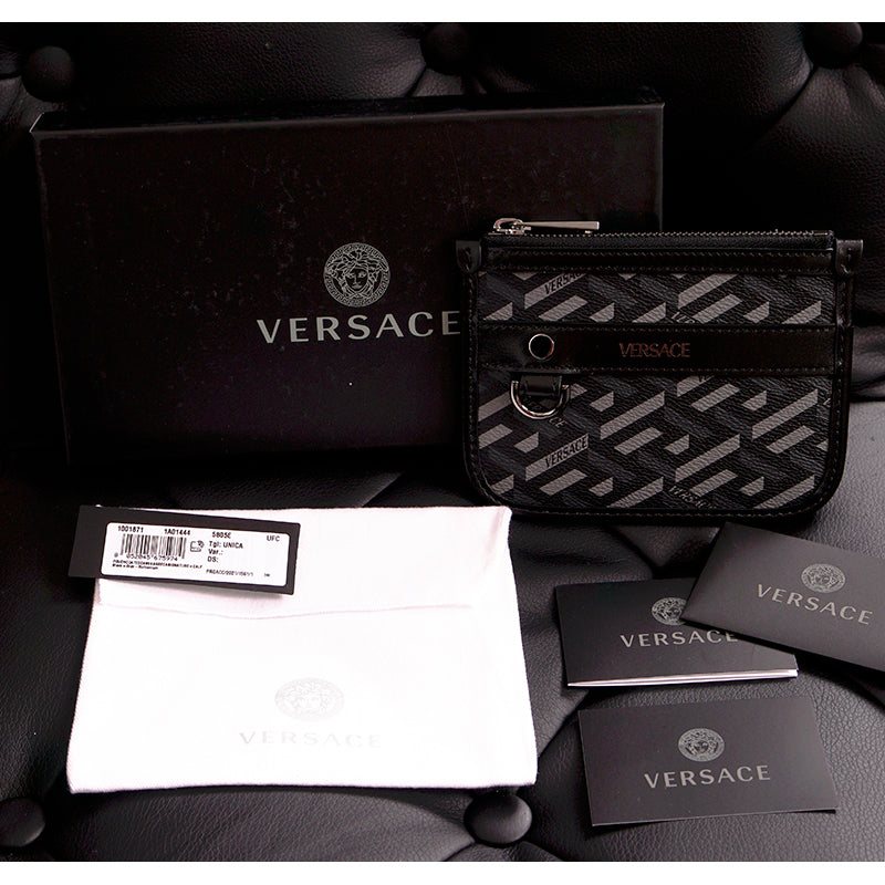 NEW $295 VERSACE Black Gray Coated Canvas LA GRECA Coin MODULAR POUCH Travel BAG