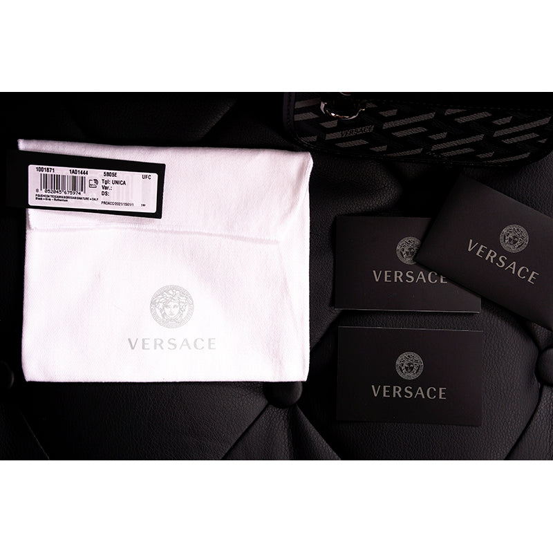 NEW $295 VERSACE Black Gray Coated Canvas LA GRECA Coin MODULAR POUCH Travel BAG