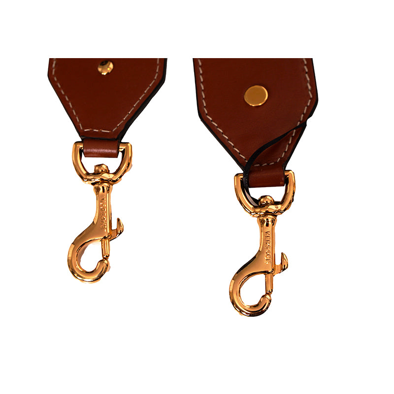 NEW $425 VERSACE RUNWAY Cognac Nylon Leather LOGO LA GRECA Embroidered BAG STRAP