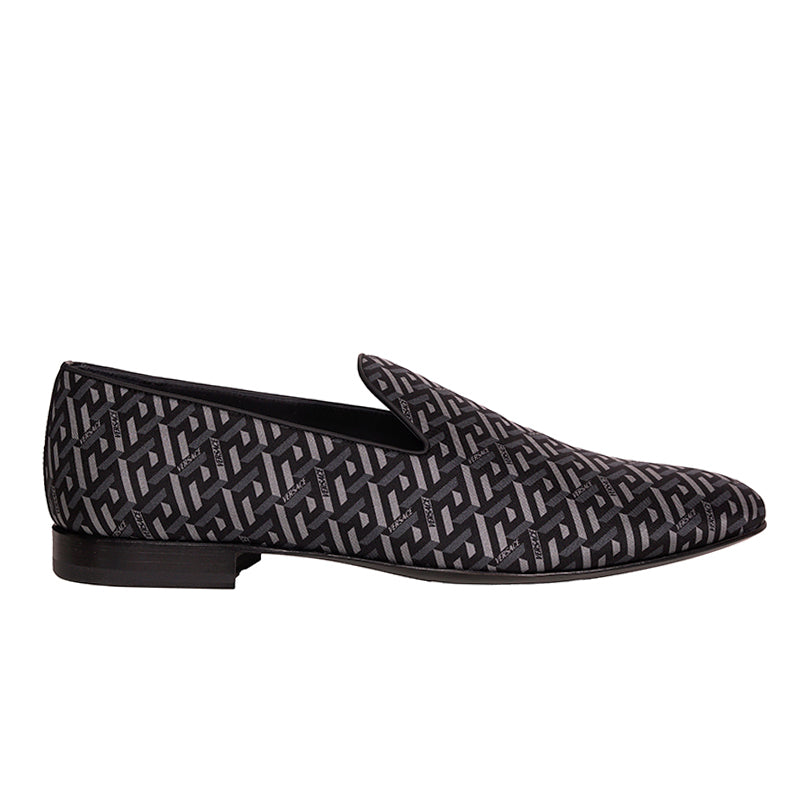 44 & 45 NEW $795 VERSACE Men's Black Grey LA GRECA LOGO Silk Twill SMOKING LOAFERS