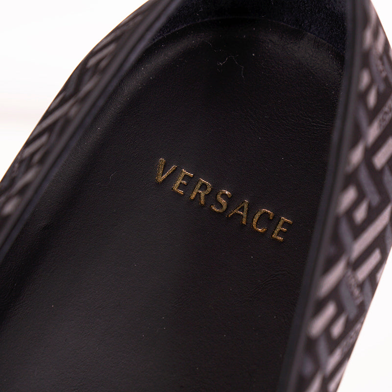 44 & 45 NEW $795 VERSACE Men's Black Grey LA GRECA LOGO Silk Twill SMOKING LOAFERS