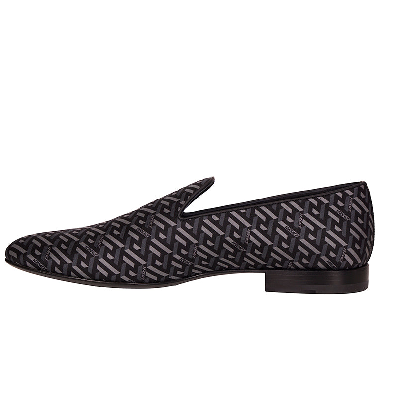 44 & 45 NEW $795 VERSACE Men's Black Grey LA GRECA LOGO Silk Twill SMOKING LOAFERS