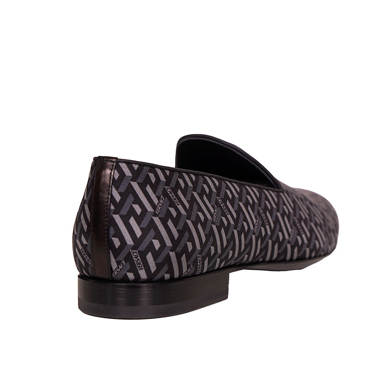 44 & 45 NEW $795 VERSACE Men's Black Grey LA GRECA LOGO Silk Twill SMOKING LOAFERS