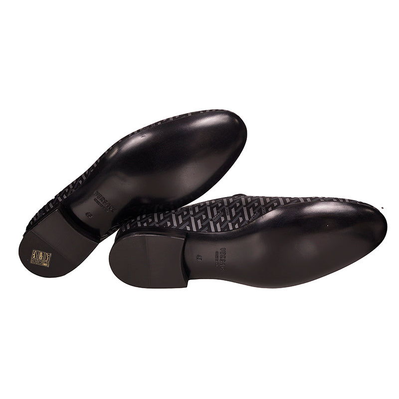 44 & 45 NEW $795 VERSACE Men's Black Grey LA GRECA LOGO Silk Twill SMOKING LOAFERS