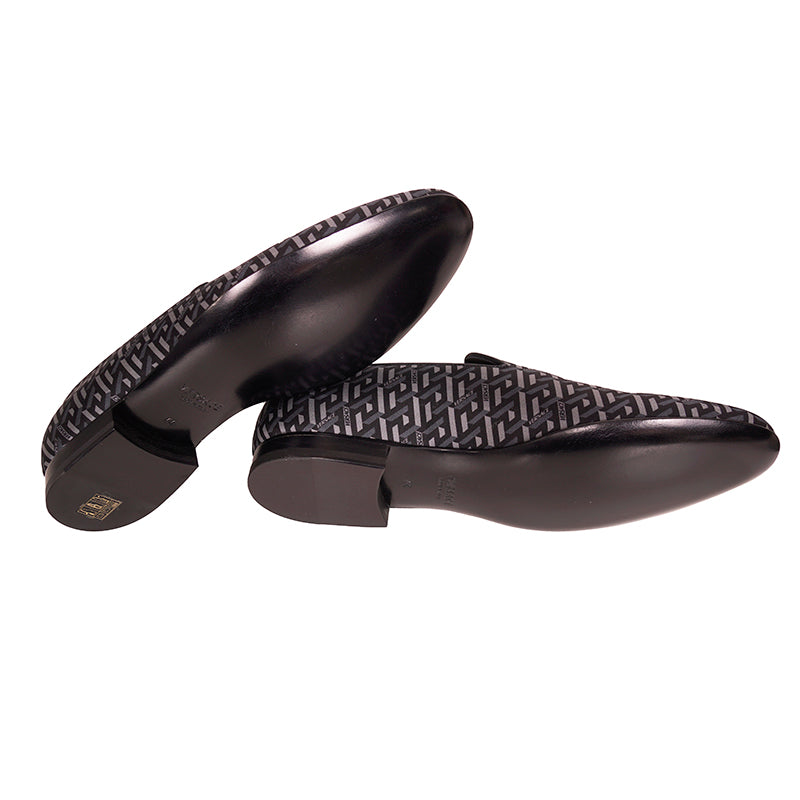 44 & 45 NEW $795 VERSACE Men's Black Grey LA GRECA LOGO Silk Twill SMOKING LOAFERS