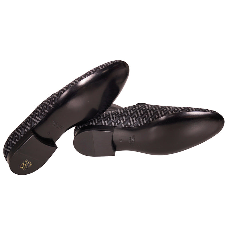 44 & 45 NEW $795 VERSACE Men's Black Grey LA GRECA LOGO Silk Twill SMOKING LOAFERS