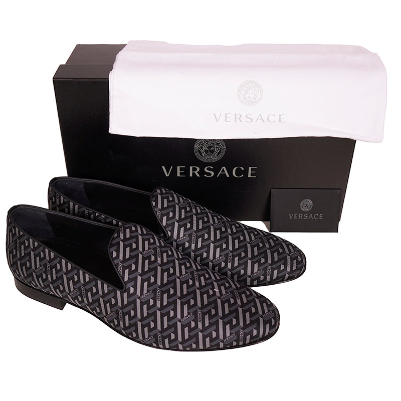 44 & 45 NEW $795 VERSACE Men's Black Grey LA GRECA LOGO Silk Twill SMOKING LOAFERS
