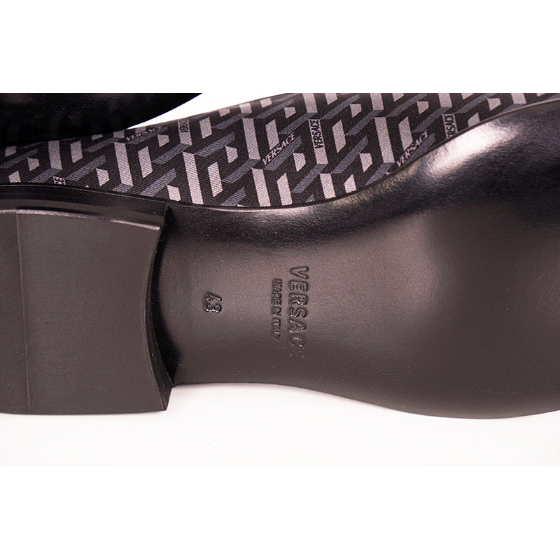 44 & 45 NEW $795 VERSACE Men's Black Grey LA GRECA LOGO Silk Twill SMOKING LOAFERS