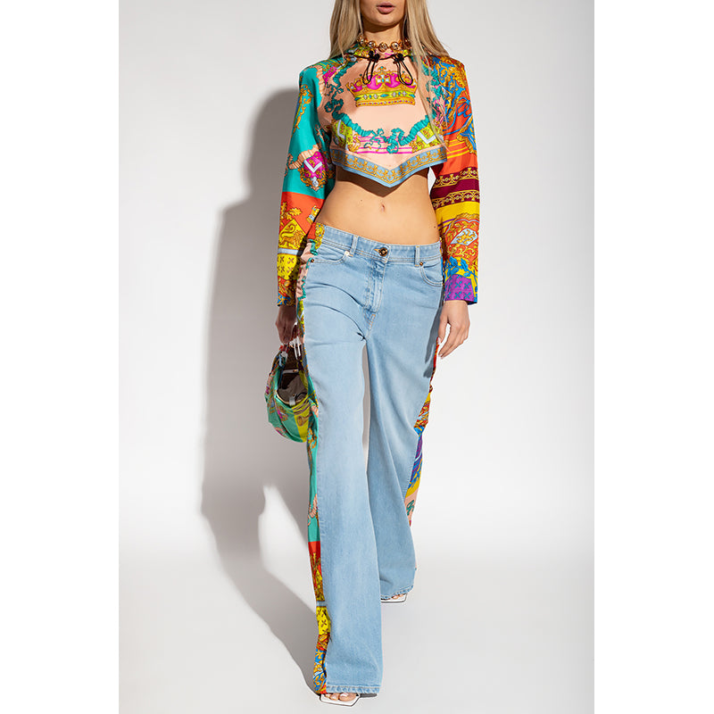 38 NEW $1,275 VERSACE Woman's ROYAL REBELLION Silk Twill Cropped Hoodie TOP XS