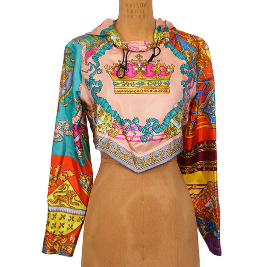 38 NEW $1,275 VERSACE Woman's ROYAL REBELLION Silk Twill Cropped Hoodie TOP XS