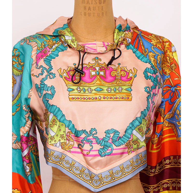 38 NEW $1,275 VERSACE Woman's ROYAL REBELLION Silk Twill Cropped Hoodie TOP XS