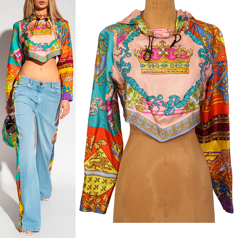 38 NEW $1,275 VERSACE Woman's ROYAL REBELLION Silk Twill Cropped Hoodie TOP XS