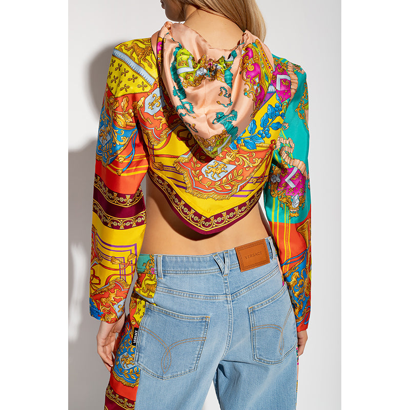 38 NEW $1,275 VERSACE Woman's ROYAL REBELLION Silk Twill Cropped Hoodie TOP XS