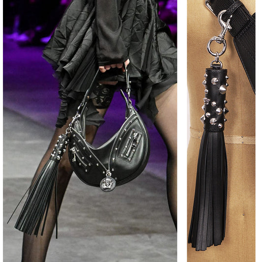 NEW $575 VERSACE RUNWAY Black Leather MEDUSA STUDDED TASSEL KEYCHAIN Bag FOB NWT