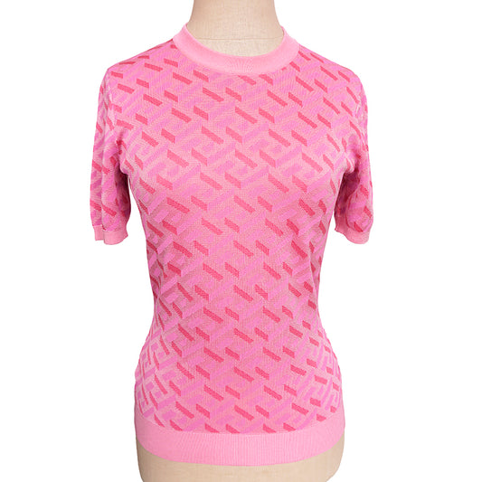 38 NEW $1,375 VERSACE Pink Jacquard LA GRECA Short-Sleeved SWEATER KNIT TOP XS