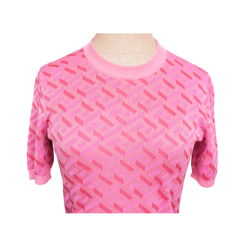 38 NEW $1,375 VERSACE Pink Jacquard LA GRECA Short-Sleeved SWEATER KNIT TOP XS